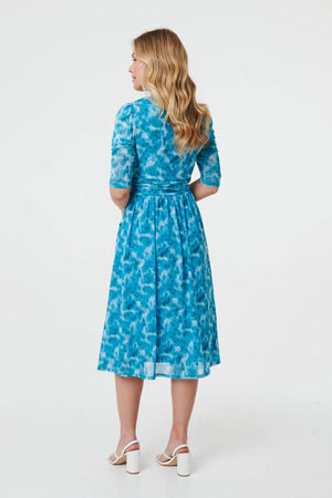 Teal | Printed 3/4 Sleeve Midi Faux Wrap Dress
