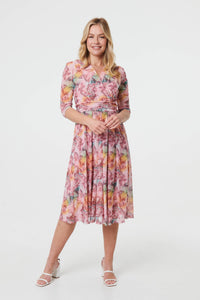 Pink | Printed 3/4 Sleeve Wrap Midi Dress
