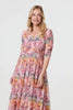 Pink | Printed 3/4 Sleeve Wrap Midi Dress

