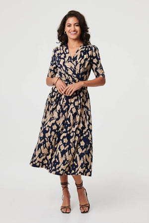 Navy | Printed Ruched 1/2 Sleeve Midi Dress
