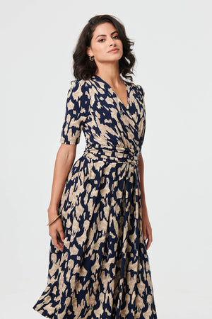 Navy | Printed Ruched 1/2 Sleeve Midi Dress
