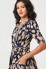 Navy | Printed Ruched 1/2 Sleeve Midi Dress
