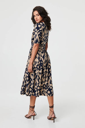Navy | Printed Ruched 1/2 Sleeve Midi Dress
