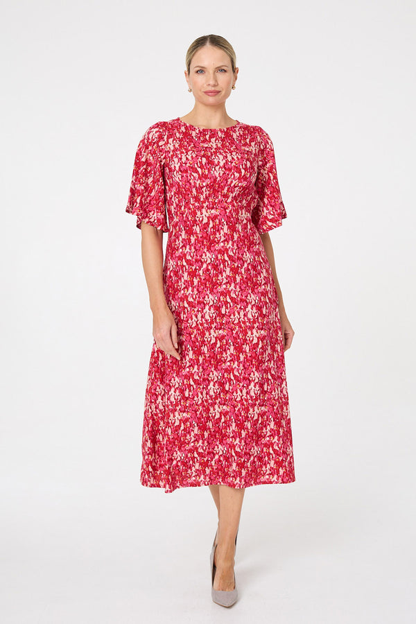 Red | Ditsy Floral 1/2 Flare Sleeve Midi Dress