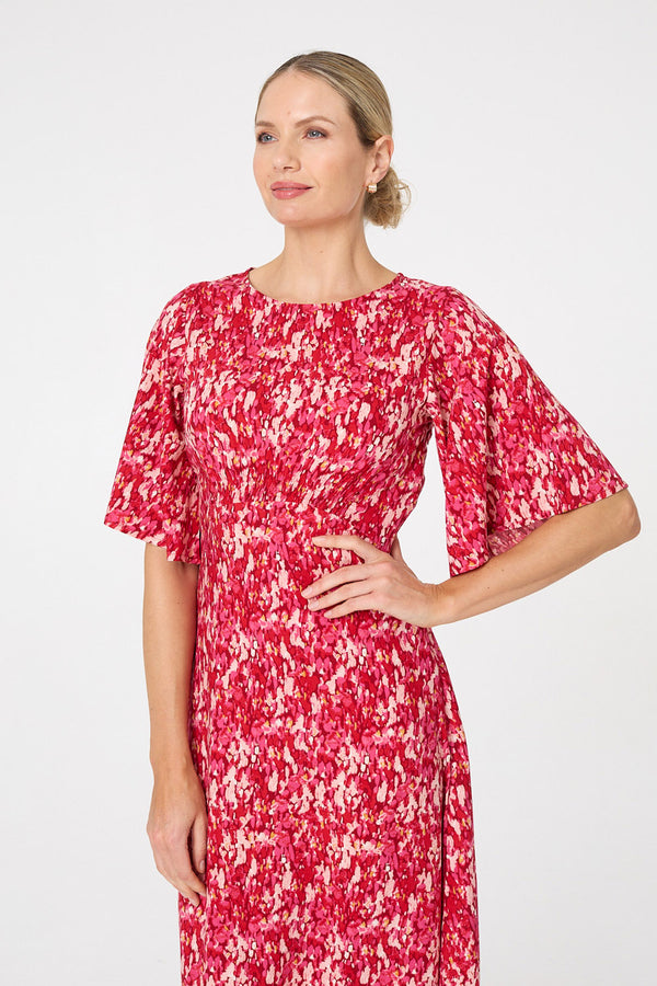 Red | Ditsy Floral 1/2 Flare Sleeve Midi Dress