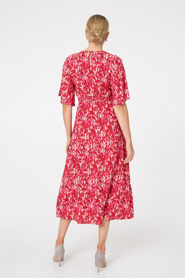 Red | Ditsy Floral 1/2 Flare Sleeve Midi Dress