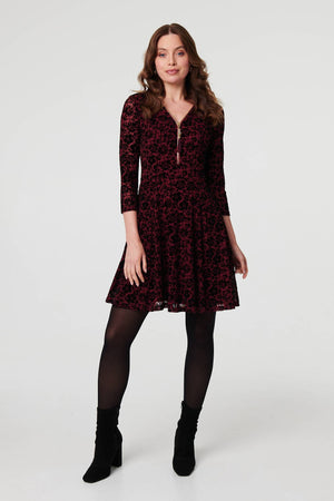 Red | Floral Zip V-Neck Short Skater Dress
