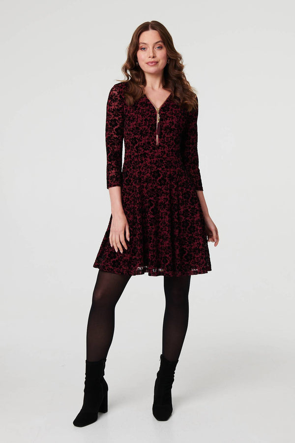 Red | Floral Zip V-Neck Short Skater Dress

