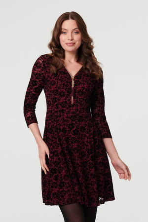 Red | Floral Zip V-Neck Short Skater Dress

