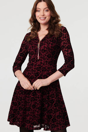 Red | Floral Zip V-Neck Short Skater Dress
