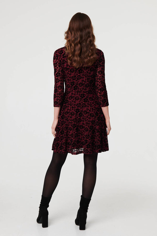 Red | Floral Zip V-Neck Short Skater Dress
