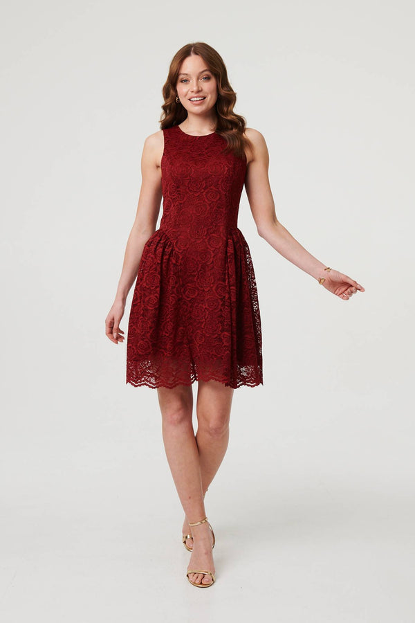 Burgundy | Lace Layer Sleeveless Short Skater Dress
