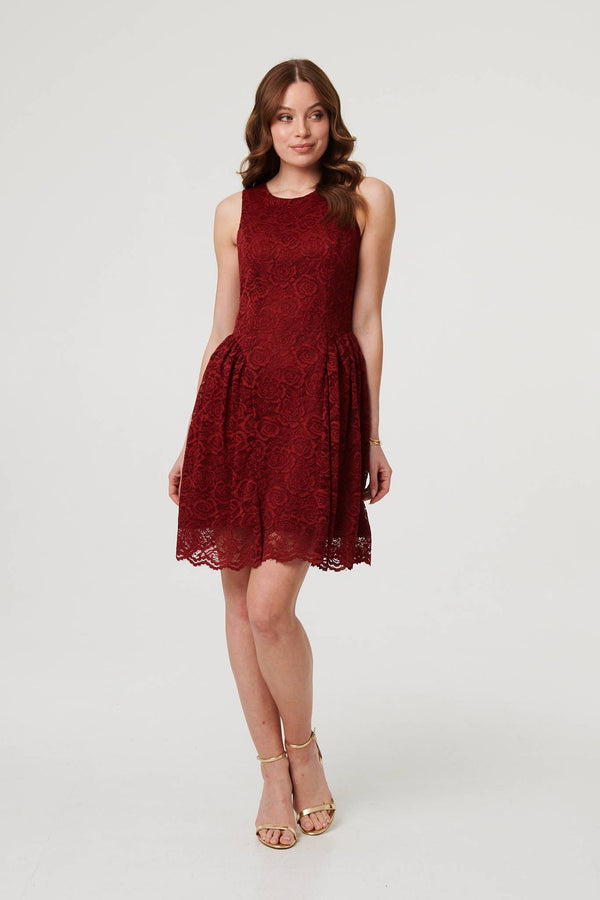 Burgundy | Lace Layer Sleeveless Short Skater Dress
