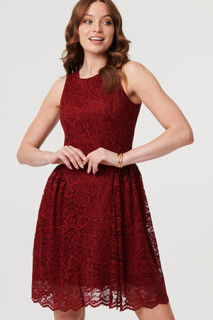 Burgundy | Lace Layer Sleeveless Short Skater Dress : Model is 5'9