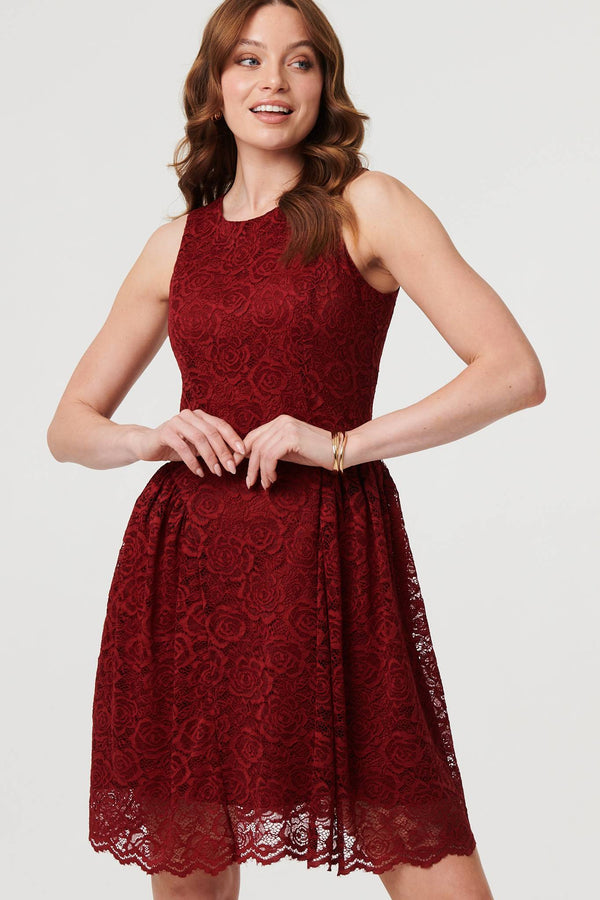 Burgundy | Lace Layer Sleeveless Short Skater Dress
