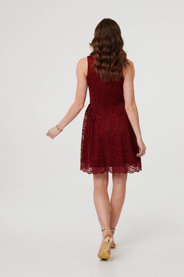 Burgundy | Lace Layer Sleeveless Short Skater Dress
