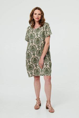 Green | Baroque Print Relaxed Short Shift Dress
