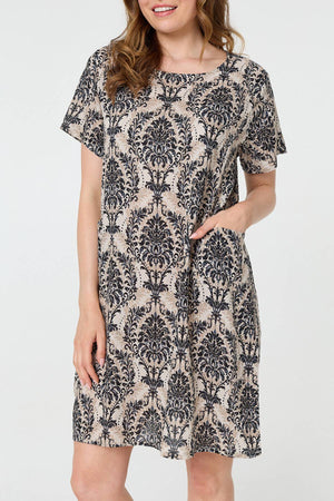 Navy | Baroque Print Relaxed Short Shift Dress