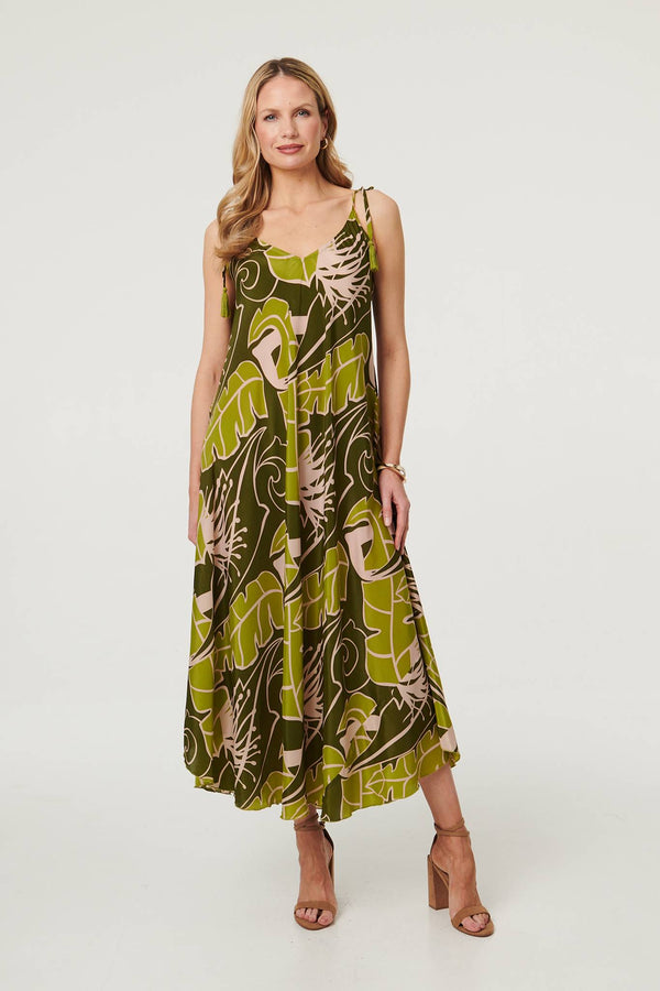 Green | Leaf Print Tassel Cami Strap Maxi Dress