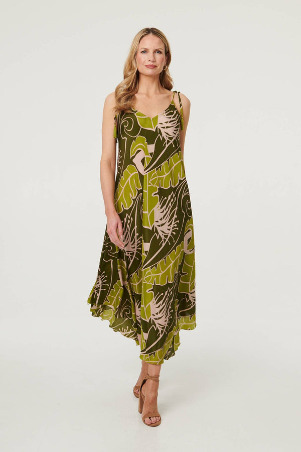 Green | Leaf Print Tassel Cami Strap Maxi Dress