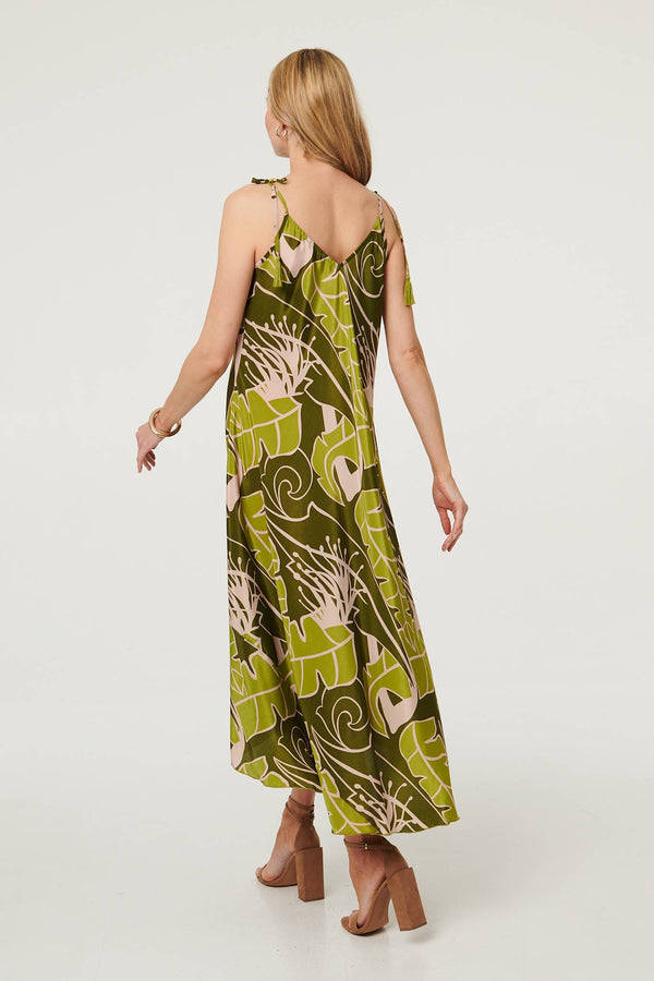 Green | Leaf Print Tassel Cami Strap Maxi Dress
