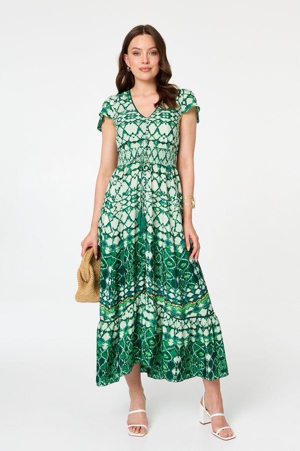 Green | Abstract Cap Sleeve Shirred Maxi Dress