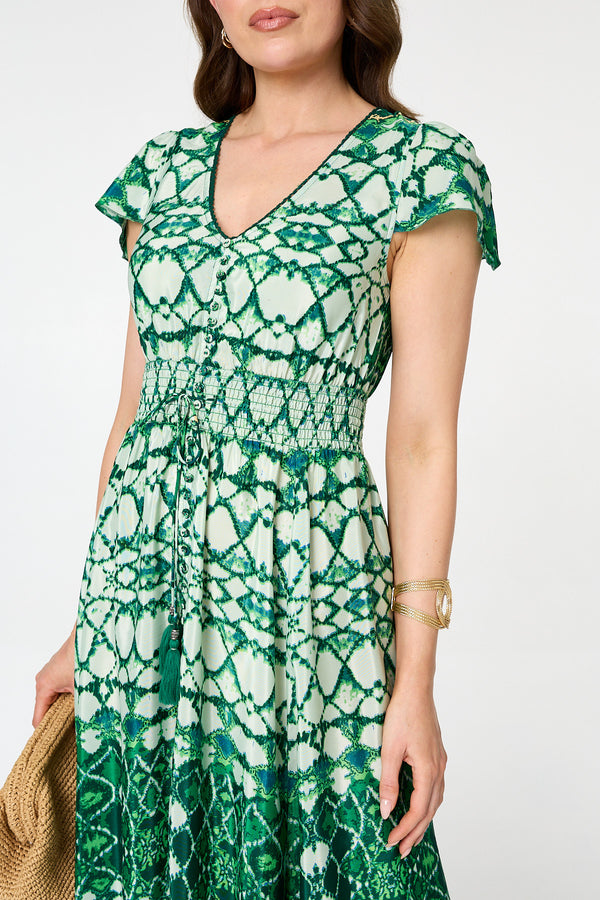 Green | Abstract Cap Sleeve Shirred Maxi Dress