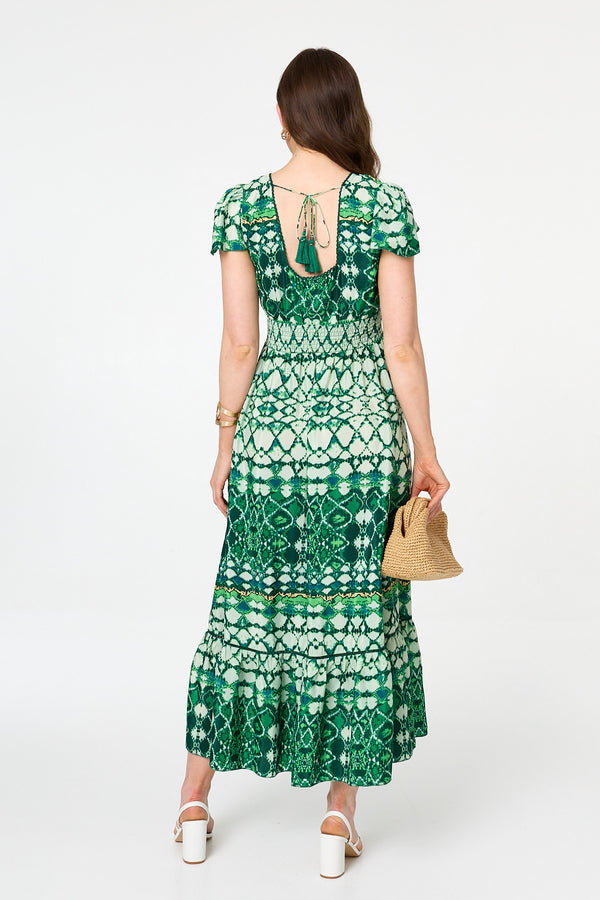 Green | Abstract Cap Sleeve Shirred Maxi Dress
