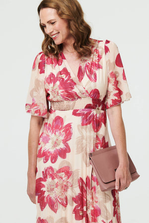 Pink | Floral 1/2 Sleeve Empire Midi Dress
