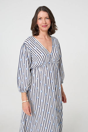 Blue | Striped Long Sleeve Empire Maxi Dress
