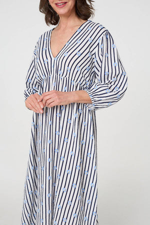 Blue | Striped Long Sleeve Empire Maxi Dress
