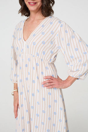 Beige | Striped Long Sleeve Empire Maxi Dress
