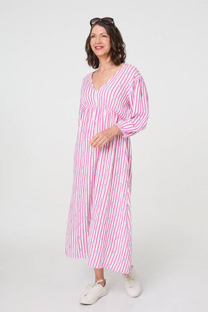 Pink | Striped Long Sleeve Empire Maxi Dress :Model is 5'8