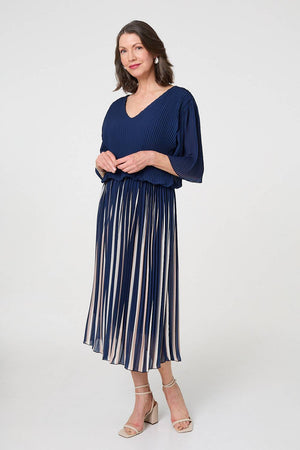 Navy | Striped Pleat 1/2 Sleeve Midi Dress
