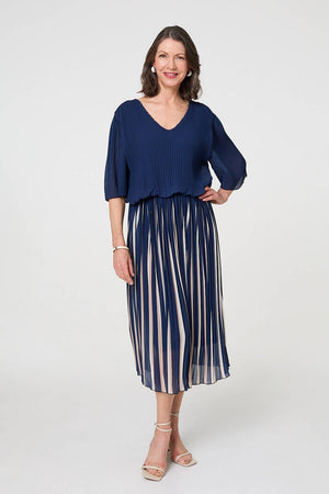 Navy | Striped Pleat 1/2 Sleeve Midi Dress
