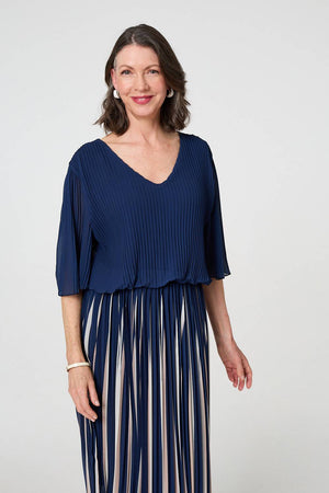 Navy | Striped Pleat 1/2 Sleeve Midi Dress
