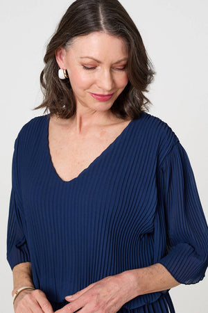 Navy | Striped Pleat 1/2 Sleeve Midi Dress
