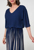 Navy | Striped Pleat 1/2 Sleeve Midi Dress
