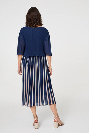 Navy | Striped Pleat 1/2 Sleeve Midi Dress

