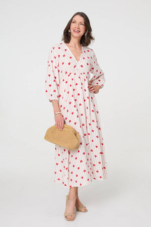 Red | Striped Empire 3/4 Sleeve Maxi Dress
