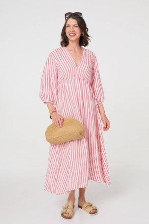 Pink | Striped Empire 3/4 Sleeve Maxi Dress : Model is 5'8