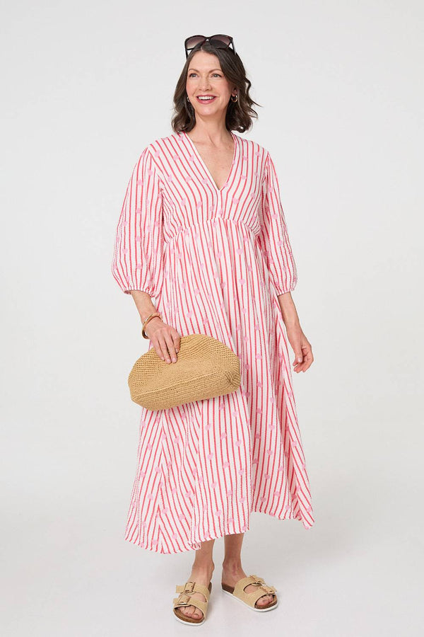 Red | Striped Empire 3/4 Sleeve Maxi Dress


