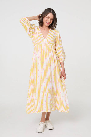 Yellow | Striped Empire 3/4 Sleeve Maxi Dress : Model is 5'8