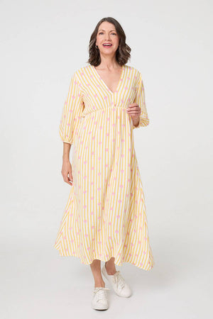 Yellow | Striped Empire 3/4 Sleeve Maxi Dress

