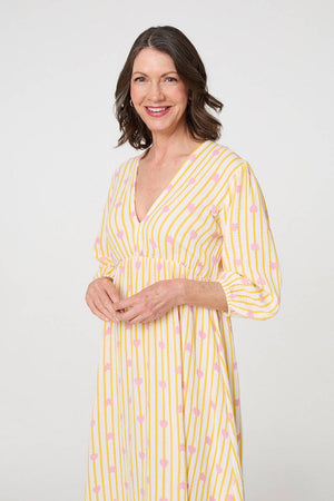 Yellow | Striped Empire 3/4 Sleeve Maxi Dress
