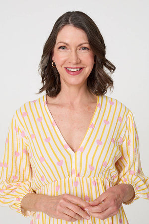 Yellow | Striped Empire 3/4 Sleeve Maxi Dress
