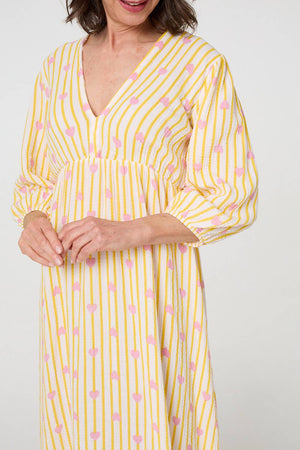 Yellow | Striped Empire 3/4 Sleeve Maxi Dress
