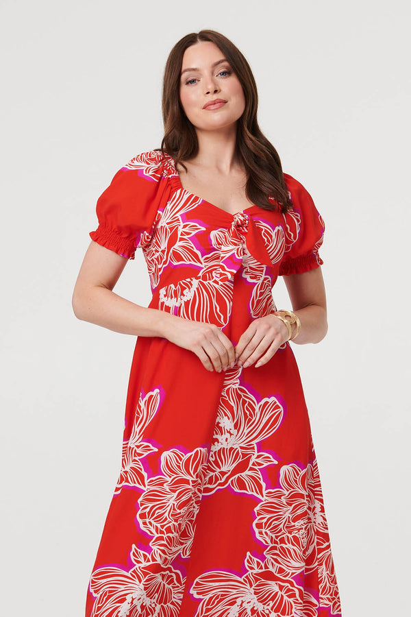 Red | Floral Puff Sleeve A-Line Midi Dress
