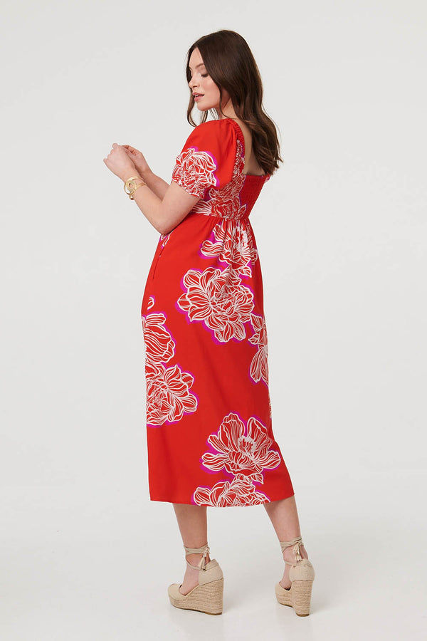 Red | Floral Puff Sleeve A-Line Midi Dress