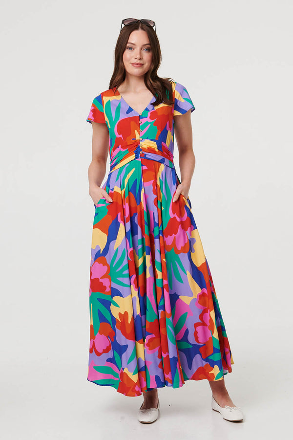Blue | Abstract Floral Tie Ruched Maxi Dress